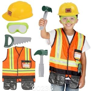 Kids Construction Safety Vest & Hard Hat Set - Bright Orange & Yellow